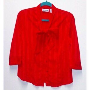 Vintage Secretary Blouse RED large Bow size PS Collar striped button up relaxed